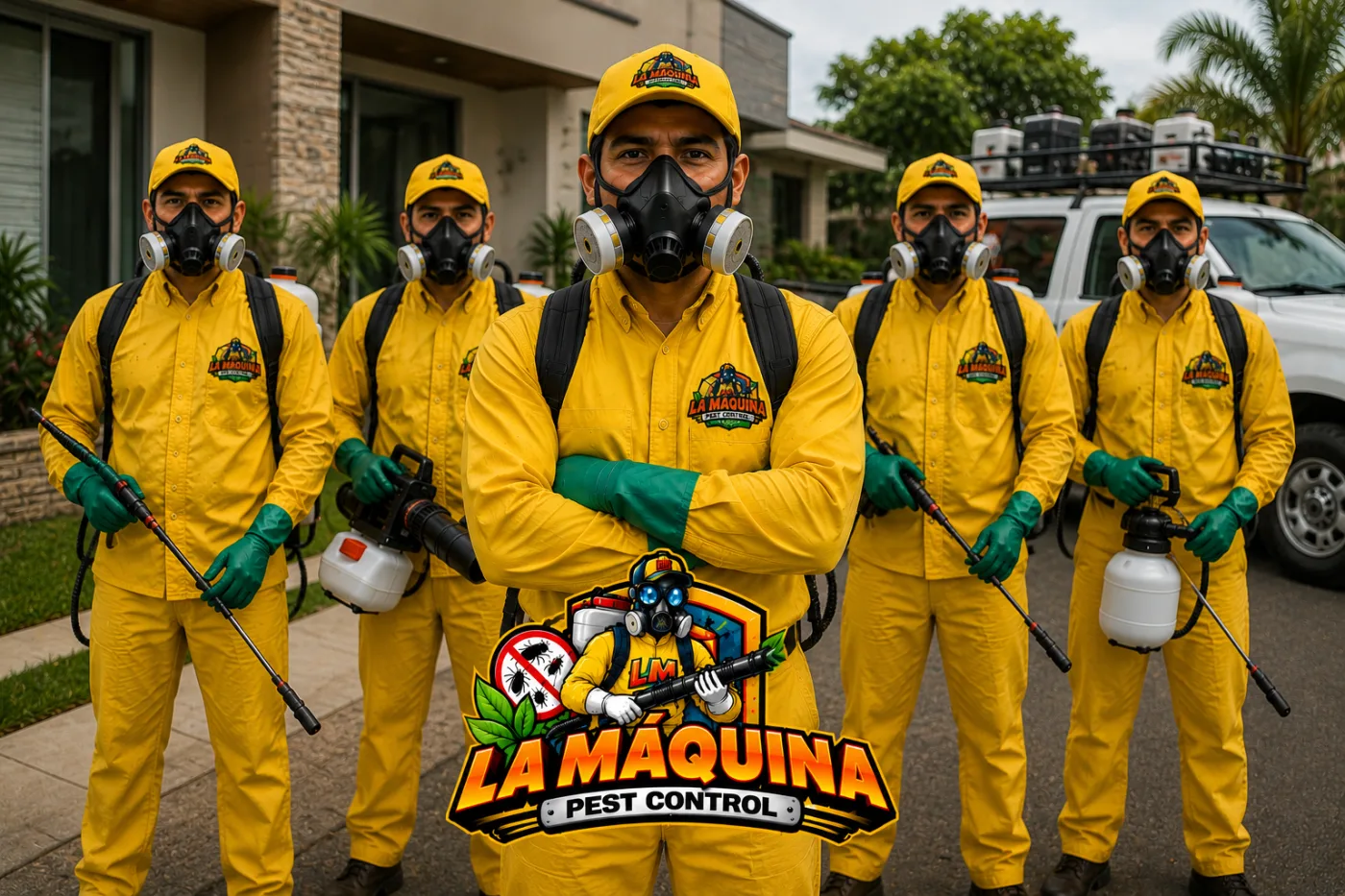 Equipo técnico de La Máquina Pest Control equipado para el control de plagas