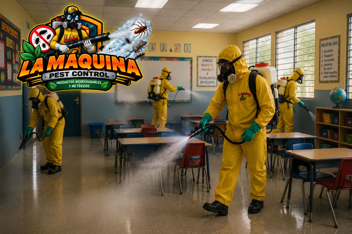 Técnico de La Máquina Pest Control aplicando un tratamiento profesional