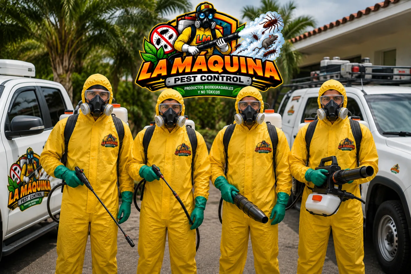 Equipo de La Máquina Pest Control junto a sus unidades de servicio