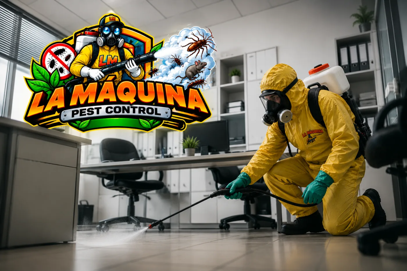 Técnico de La Máquina Pest Control aplicando un tratamiento de control de plagas