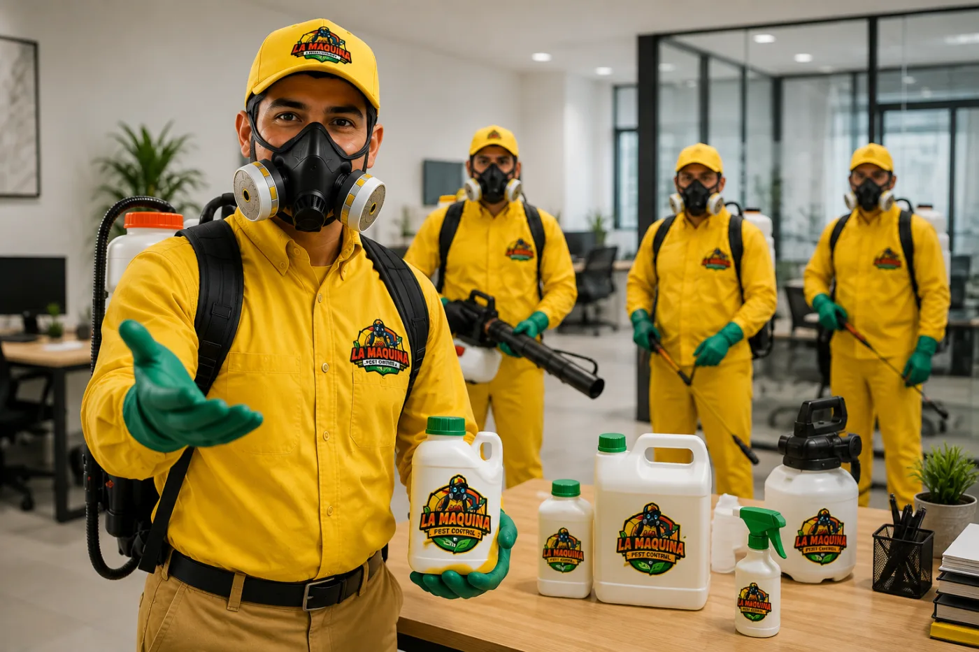 Técnico de La Máquina Pest Control presentando los productos de fumigación en una oficina